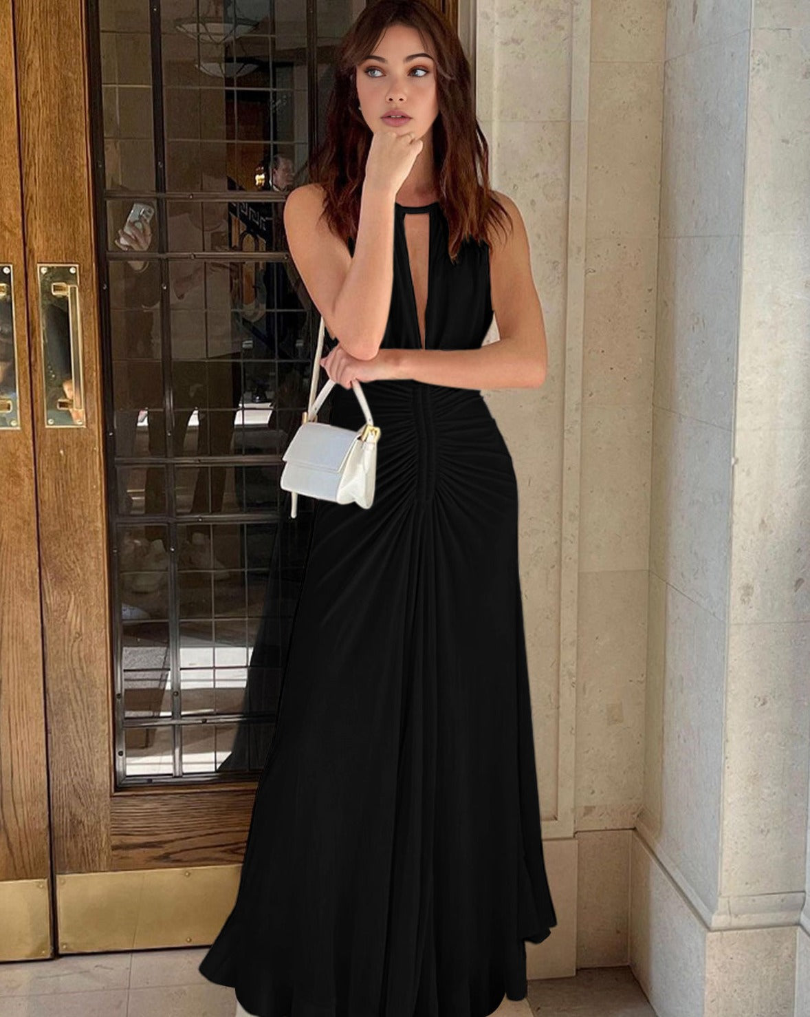 Lace Up Pleated Halter Long Dress