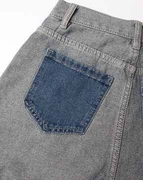 Lange, gerade geschnittene, farbblockierte Damen-Denim-Freizeithose mit hoher Taille