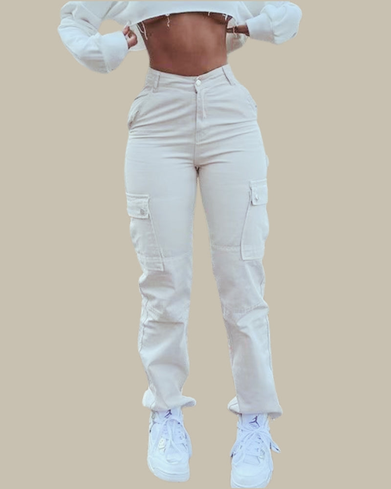 Hip High-Waisted Multi-Pocket Cargo Jeans Stretch Women’s Pants