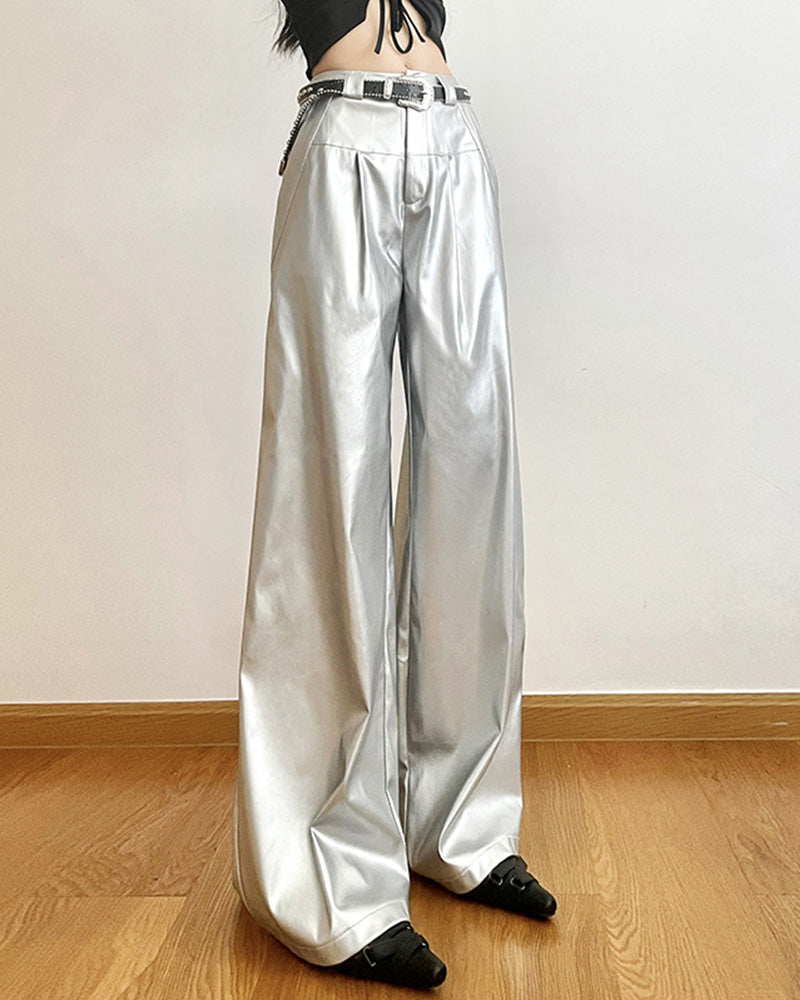 Silver Loose Fashion Casual Straight Wide Leg Leather Pants for Women