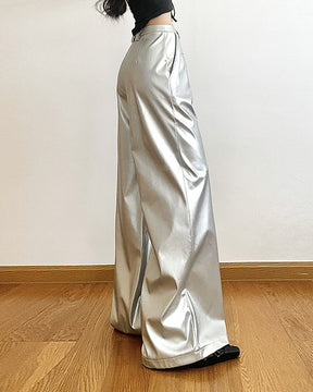 Silver Loose Fashion Casual Straight Wide Leg Leather Pants for Women