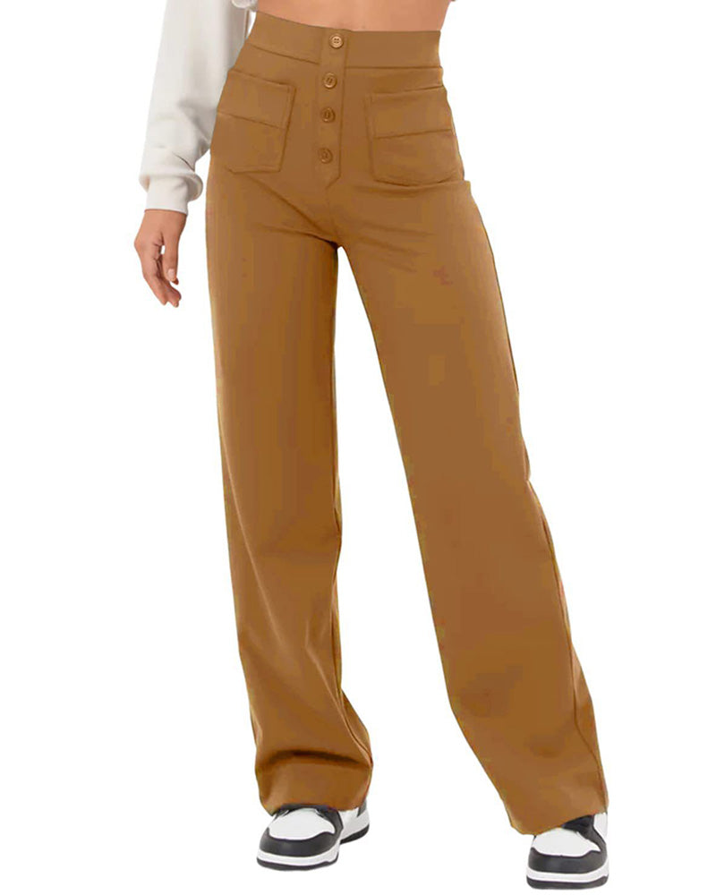 Stretch Straight Pants With High-Waisted 4-buttons