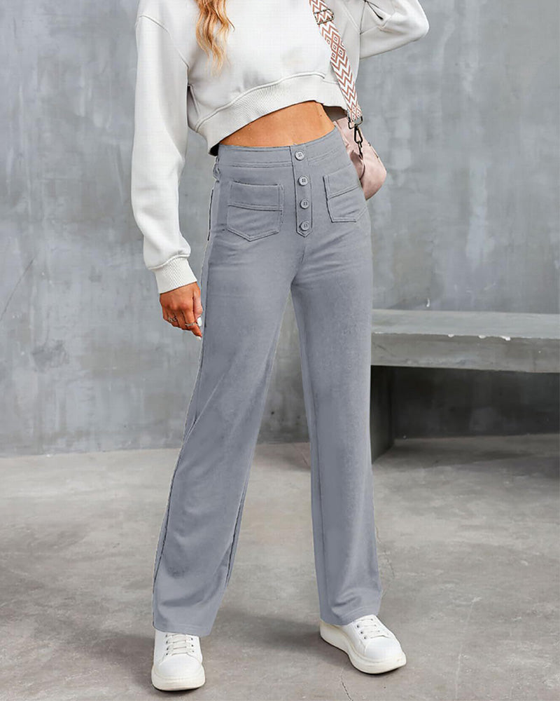 Stretch Straight Pants With High-Waisted 4-buttons