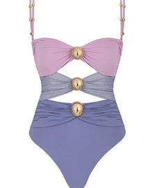 Color Block Cutout One Piece Swimsuit and Sarong