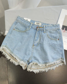 Solid Color Retro High Waist Raw Edge Fringed Denim Shorts