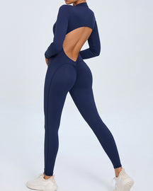 Zippered Long Sleeve Butt Lift Yoga Jumpsuit