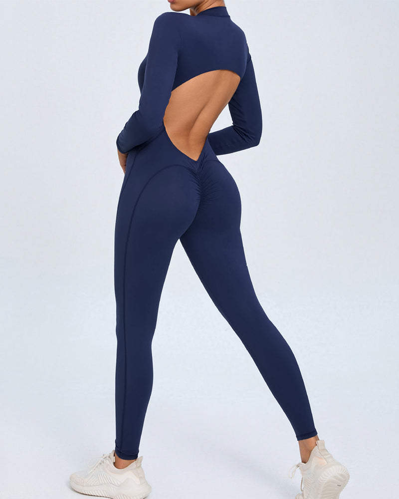 Zippered Long Sleeve Butt Lift Yoga Jumpsuit