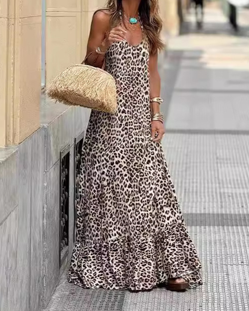 Leopard Print V-Neck Halter Maxi Dress