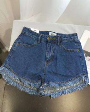 Solid Color Retro High Waist Raw Edge Fringed Denim Shorts