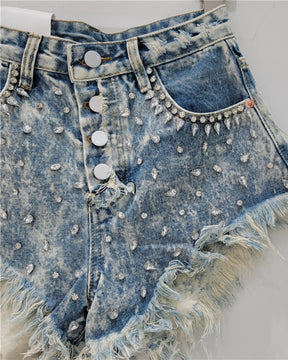 3/4-Jeansshorts mit Strass-Perlen und Fransen