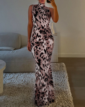 Elegant Slim Leopard Print High-Neck Backless Dress