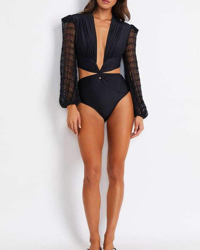 Sexy Solid Lace Panel Beach One Piece Swimsuit