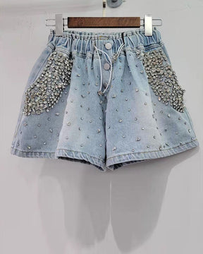 Shorts de mezclilla cortos sueltos con diamantes de imitación