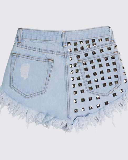 Shorts aus Denim mit hoher Taille und unregelmäßigen Whisker-Details