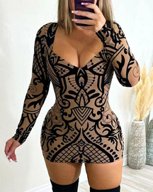 Printed Long-Sleeved Slim Hip-Wrapping Dress