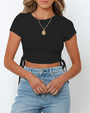 Camiseta con cuello redondo y cordón Midriff-Baring