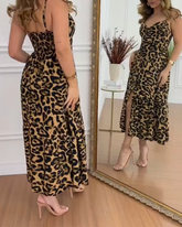 Leopard Print Halter V-Neck High Waist Dress (Pre-Sale)