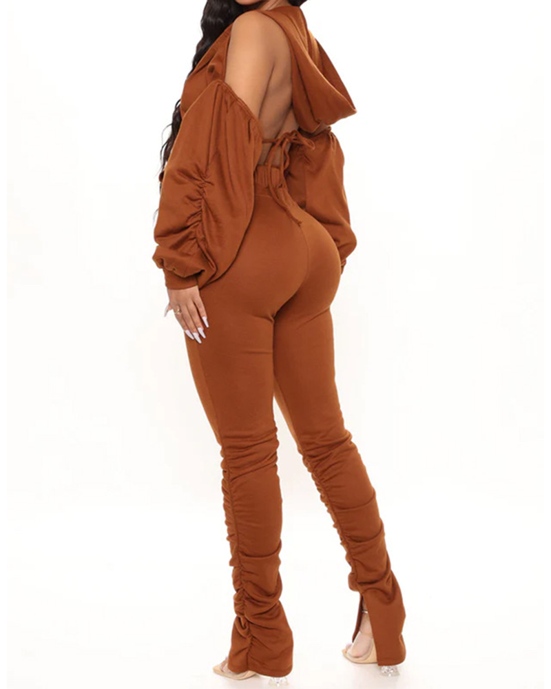 Backless Tied Hooded Hoodies High Waist Tight Pants Suit