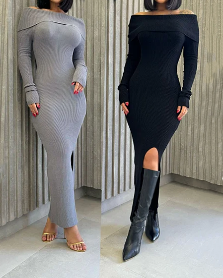 Flat Shoulder Knitted Bodycon Long Dress  (Pre Sale)