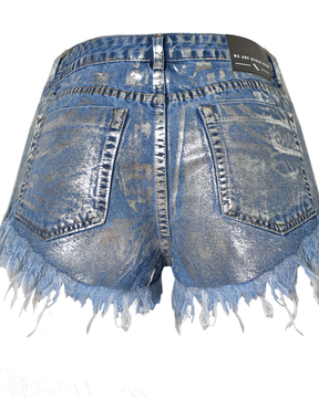 Slim-Fit Jeansshorts mit hoher Taille und Nieten aus zerrissenem Denim in Metallic-Silber