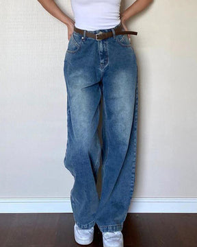 Lockere, bodenlange Retro-Jeans im Used-Look