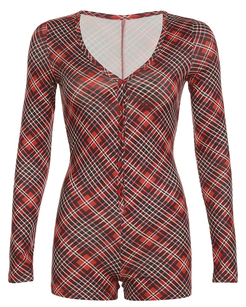 Christmas Plaid Print V-Neck Long Sleeve Onesie Shorts