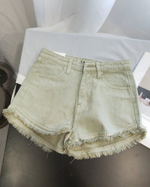 Solid Color Retro High Waist Raw Edge Fringed Denim Shorts