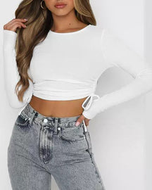 Crop Top mit Rundhalsausschnitt und langen Ärmeln und Kordelzug