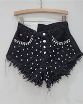 3/4-Jeansshorts mit Strass-Perlen und Fransen