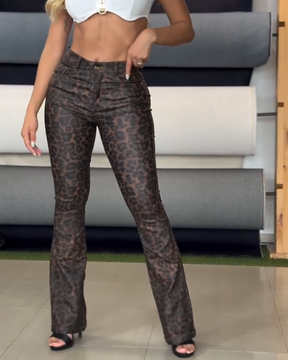 Leopard Print Slim Flared Trousers (Pre-Sale)