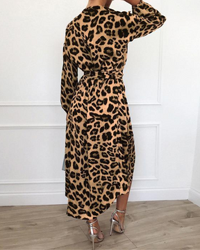 Leopard Print V-Neck High-Waisted Dress