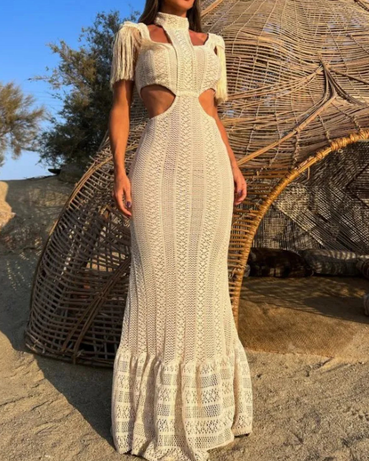 Hollow-Waist Strapped Fringed Long Dress