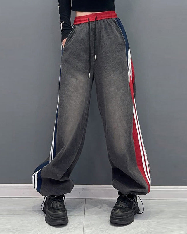 Contrast Patchwork Striped Baggy Jeans