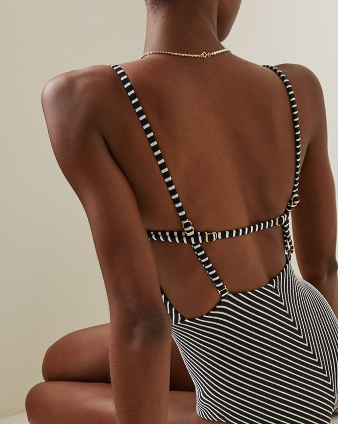 Striped Backless One Piece Swimsuit