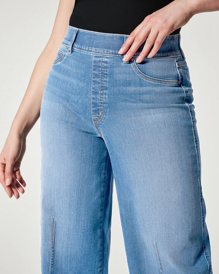 Jeans mit weitem Bein und hoher Stretch-Gummibund in verwaschener Optik