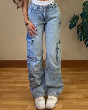 Vintage Cargo Y2K Chic Straight Zipper Pocket Baggy Jeans Damenhose