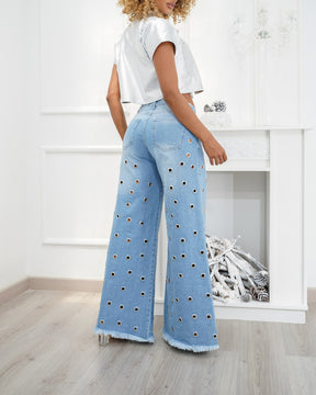 Mittelhohe Palazzo-Jeans mit weitem Bein und Ösen