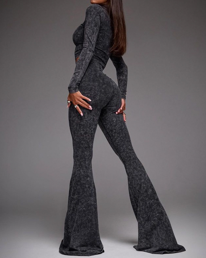 Washed Long-Sleeved Slim Fit Long Flared Pants Suit