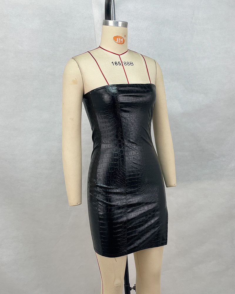 Straight Neck Strapless Slit Leather Dress