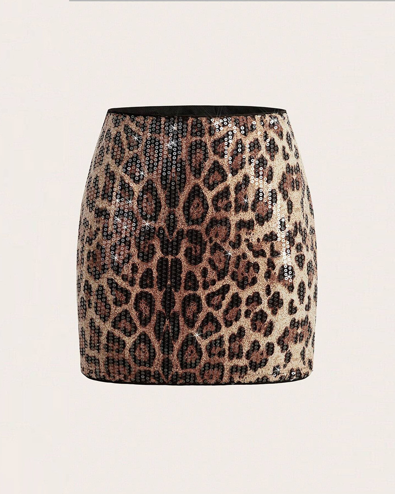 Leopard Print Sequins Shiny Hip-Hugging Skirt