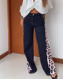 Leopard Print Loose Paneled Flared Jeans (Pre-Sale)