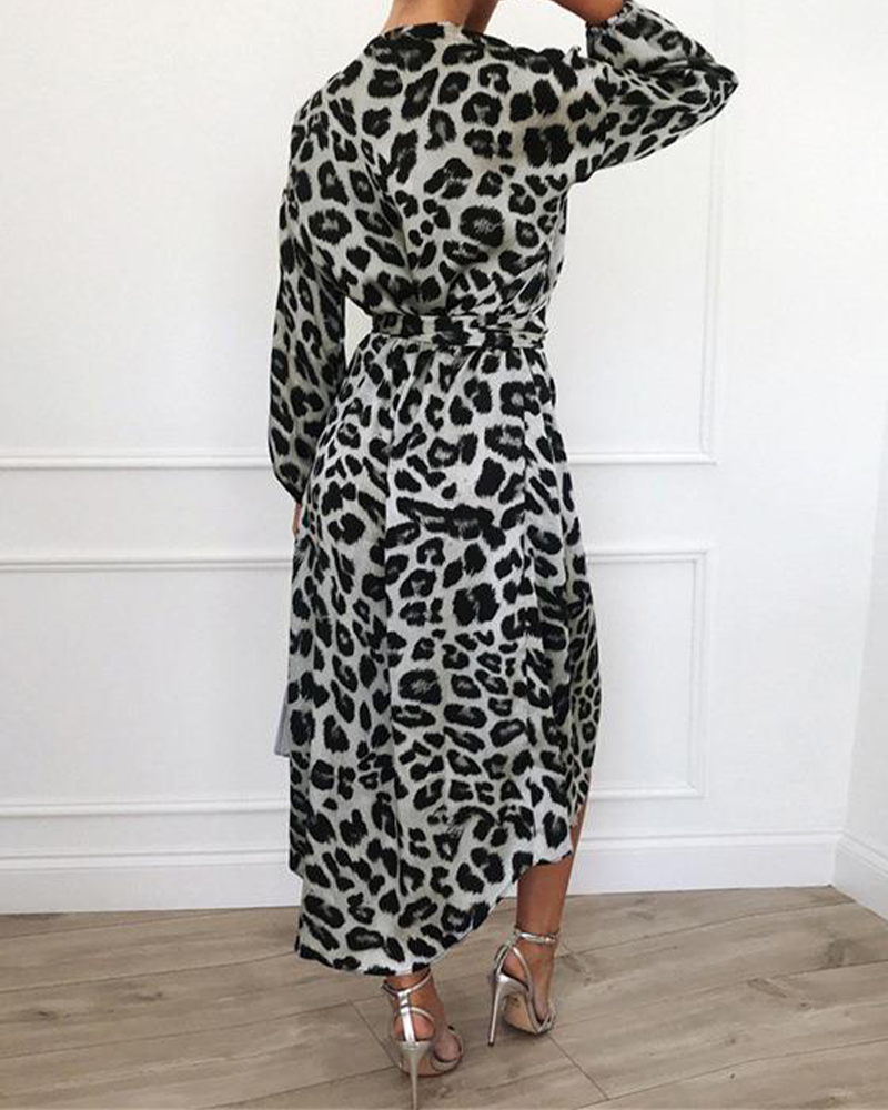 Leopard Print V-Neck High-Waisted Dress