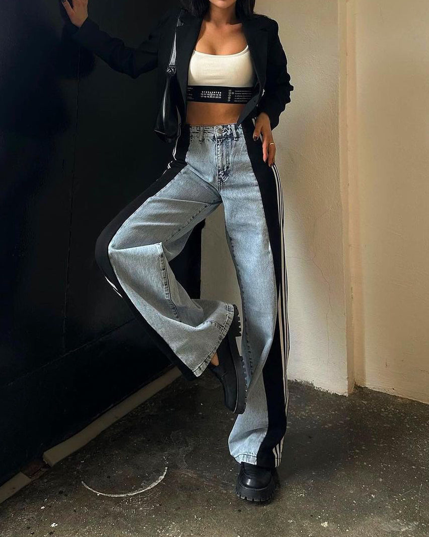 High Waisted Straight Pants Casual Pants Striped Patchwork Jeans Women