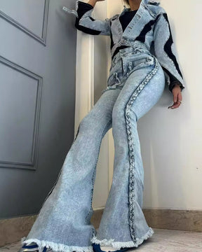 High-Waisted Floor-Length Twist Stretch Denim Flared Pants