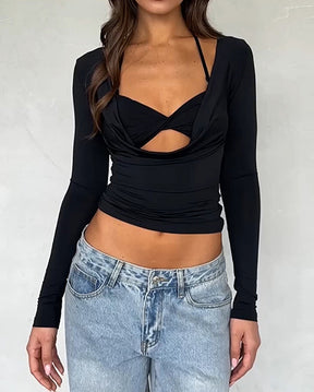 Halterneck Midriff-Baring Long-Sleeved Top