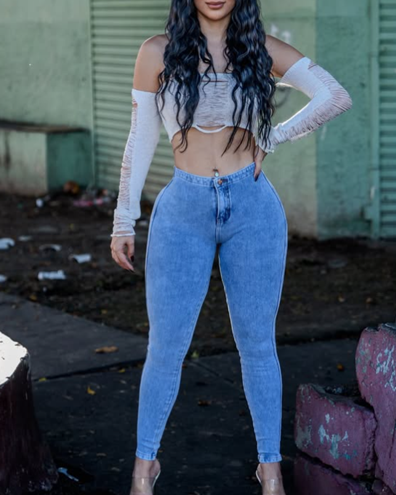 Chained High-Waist Elastic Jeans (Pre-Sale)