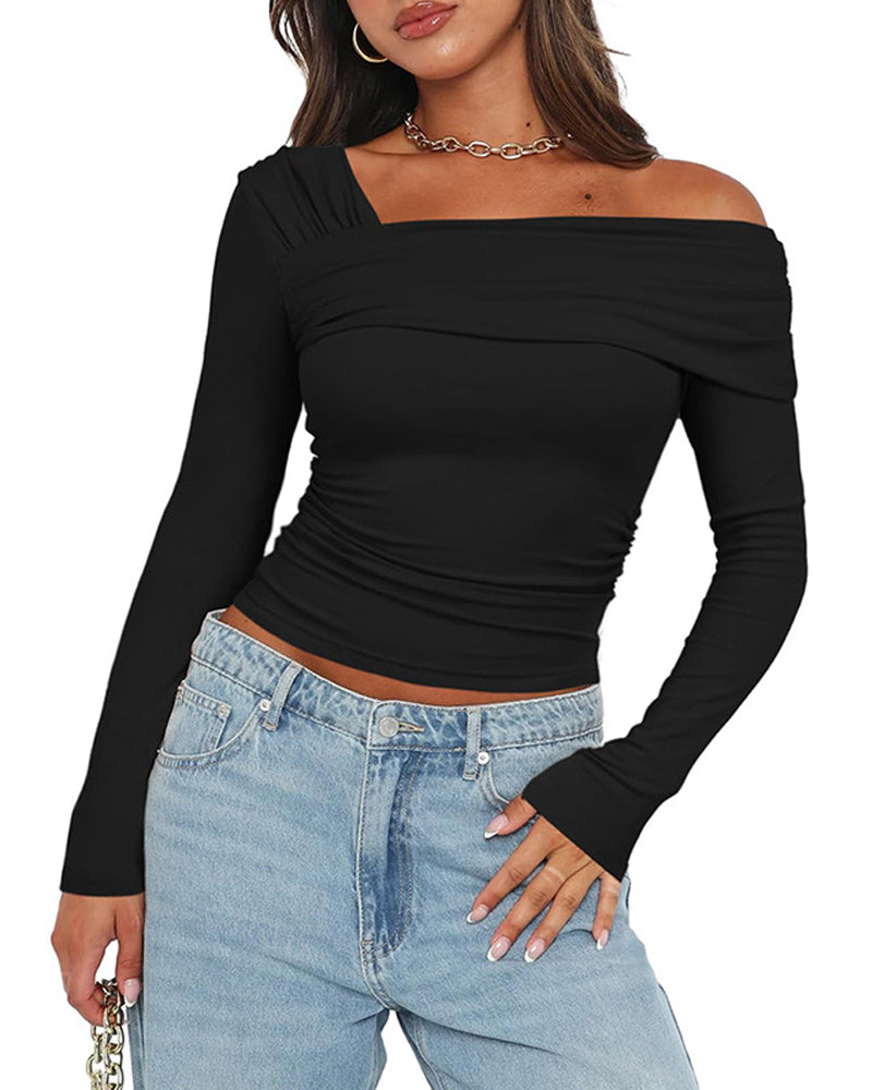 One-Shoulder Long-Sleeved Open-Back Gathered Top T-Shirt