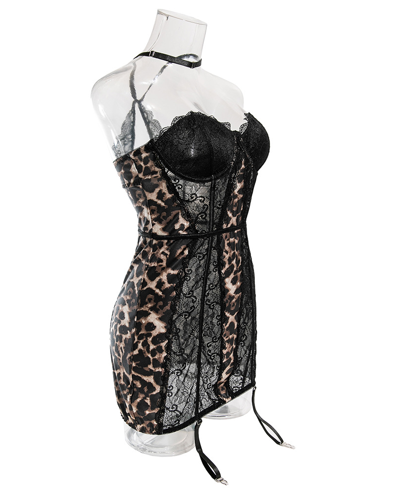 Lace Splicing Leopard Print Dress