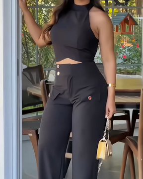 Elegant Neckline Top Trousers Suit (Pre-Sale)