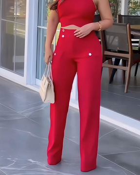 Traje elegante de pantalón con escote alto (Pre-venta)